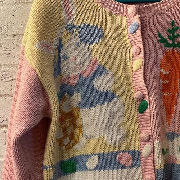 Vintage Alexandra Bartlett Handcrafted Easter Knit Cardigan Pastel Bunny Carrot - Picture 2 of 12